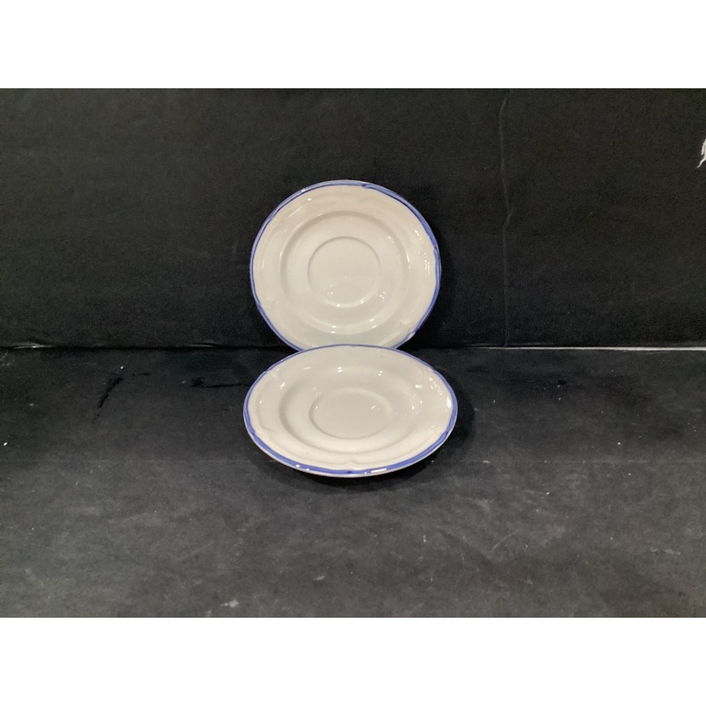 Vintage International Stoneware Saucer Plates Japan Ivory w/Blue Stripe Set of 2